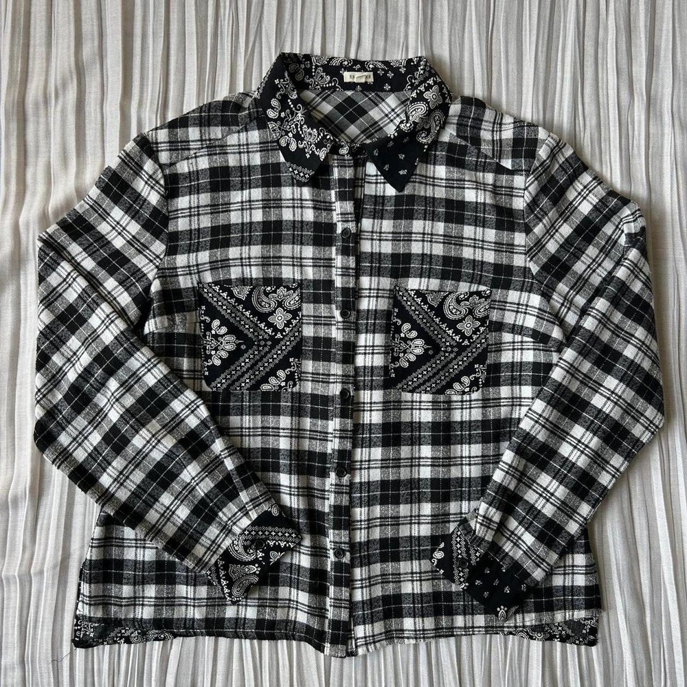 Black and white plaid and paisley button down shirt by En Creme!